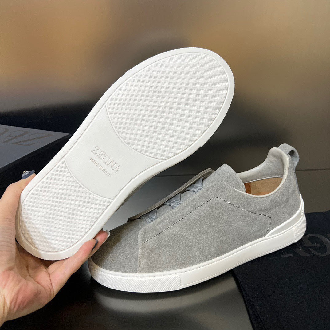 ZEGNA Grey Suede Triple Stitch Sneakers