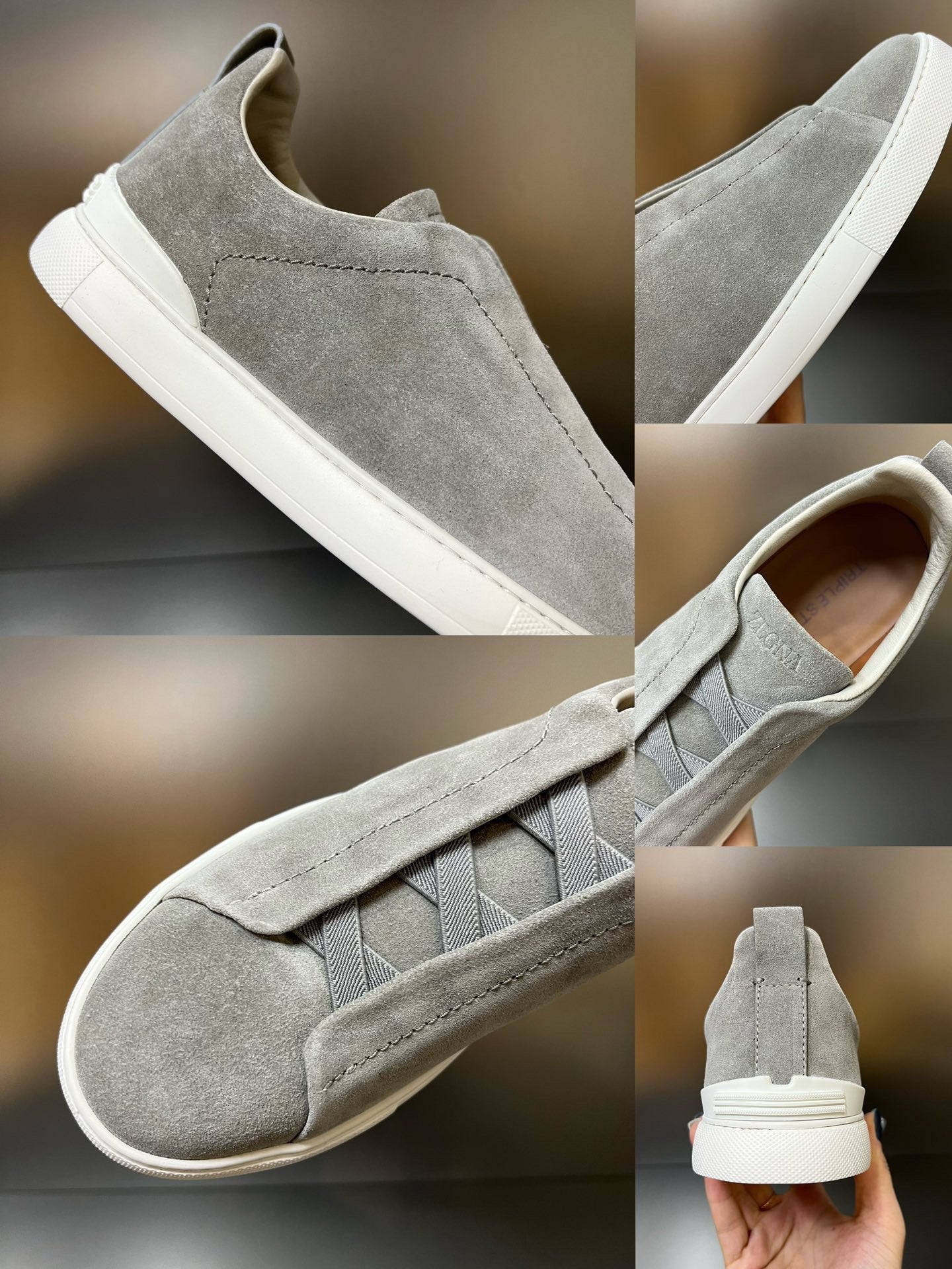 ZEGNA Grey Suede Triple Stitch Sneakers