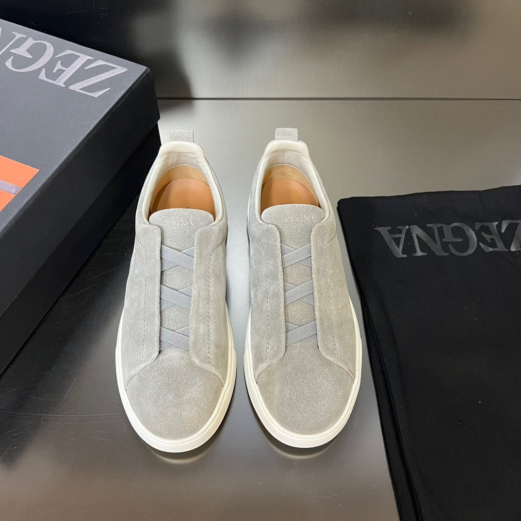 ZEGNA Grey Suede Triple Stitch Sneakers