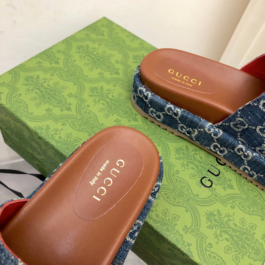 Gucci Angelina Platform 55 mm Sandal Jacquard Denim