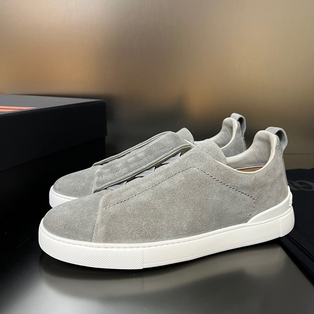 ZEGNA Grey Suede Triple Stitch Sneakers