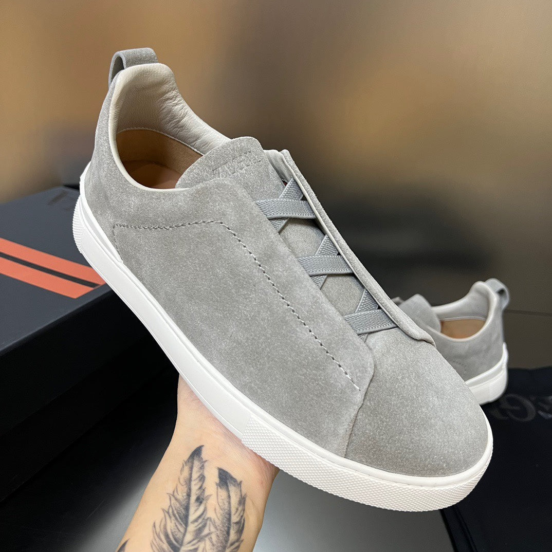 ZEGNA Grey Suede Triple Stitch Sneakers