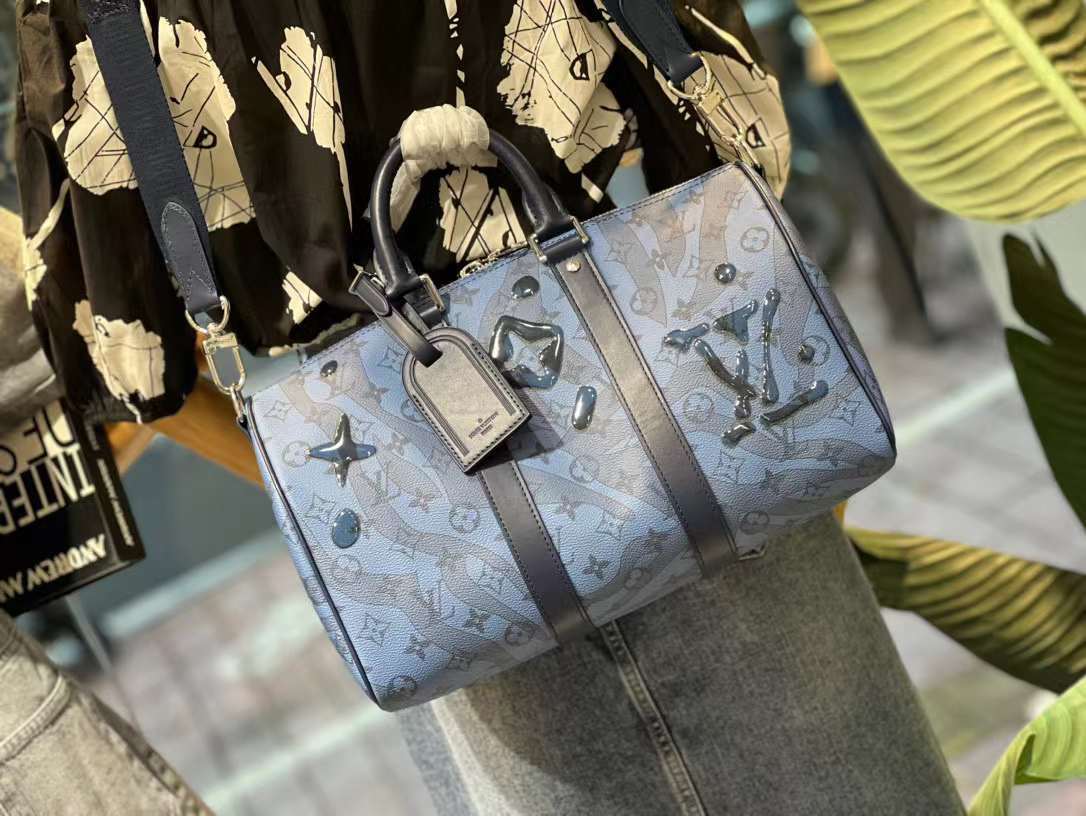 Louis Vuitton Black, Blue Taurillon Monogram Keepall