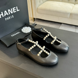 Chanel Goatskin Pearl Mary Jane Flats Black