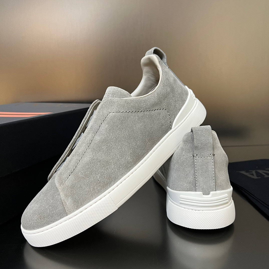 ZEGNA Grey Suede Triple Stitch Sneakers
