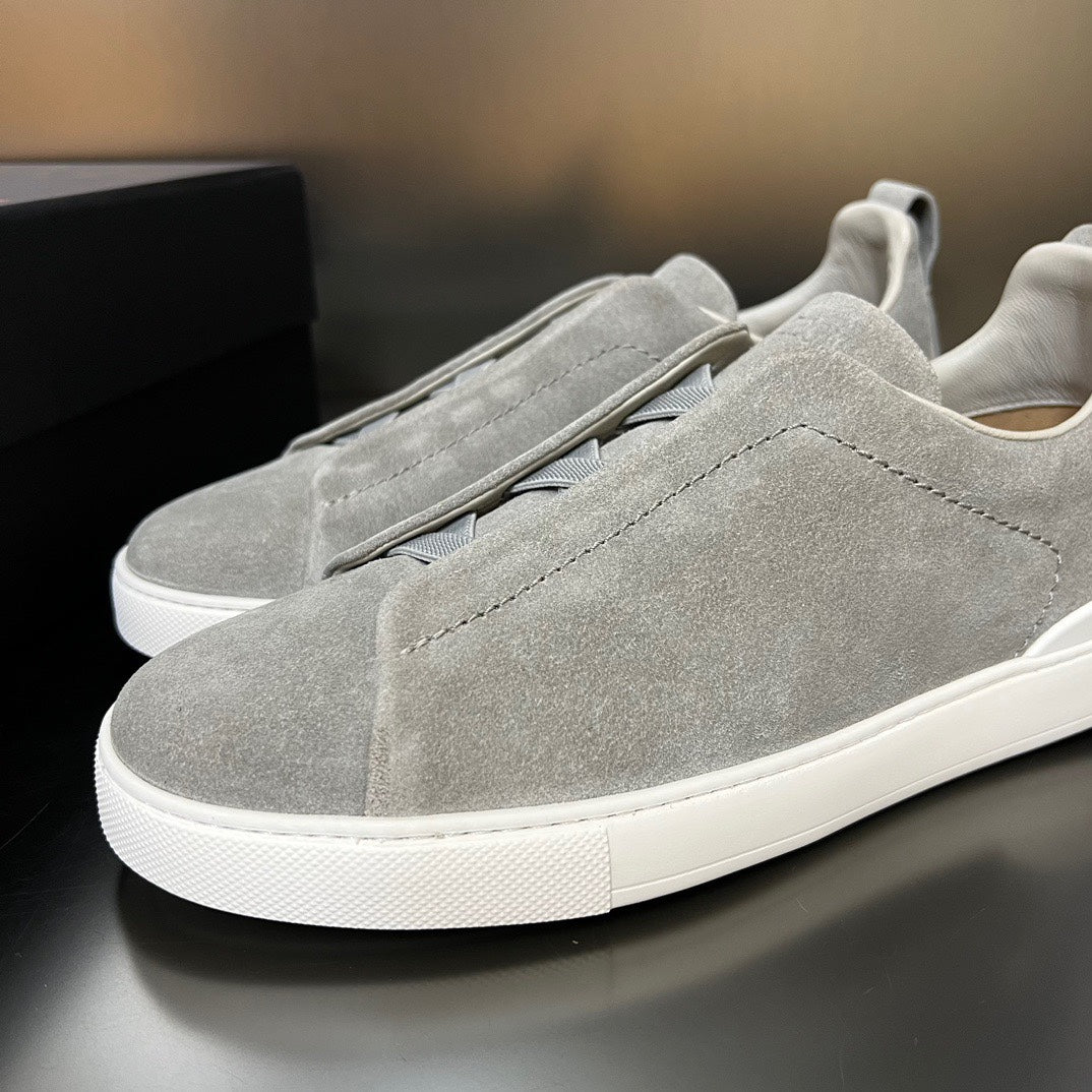 ZEGNA Grey Suede Triple Stitch Sneakers