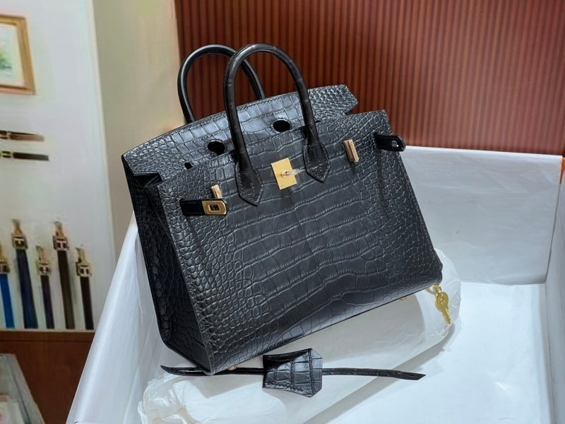 Bolsa Hermes Birkin 25cm porosus crocodile CC89 Noir gold
