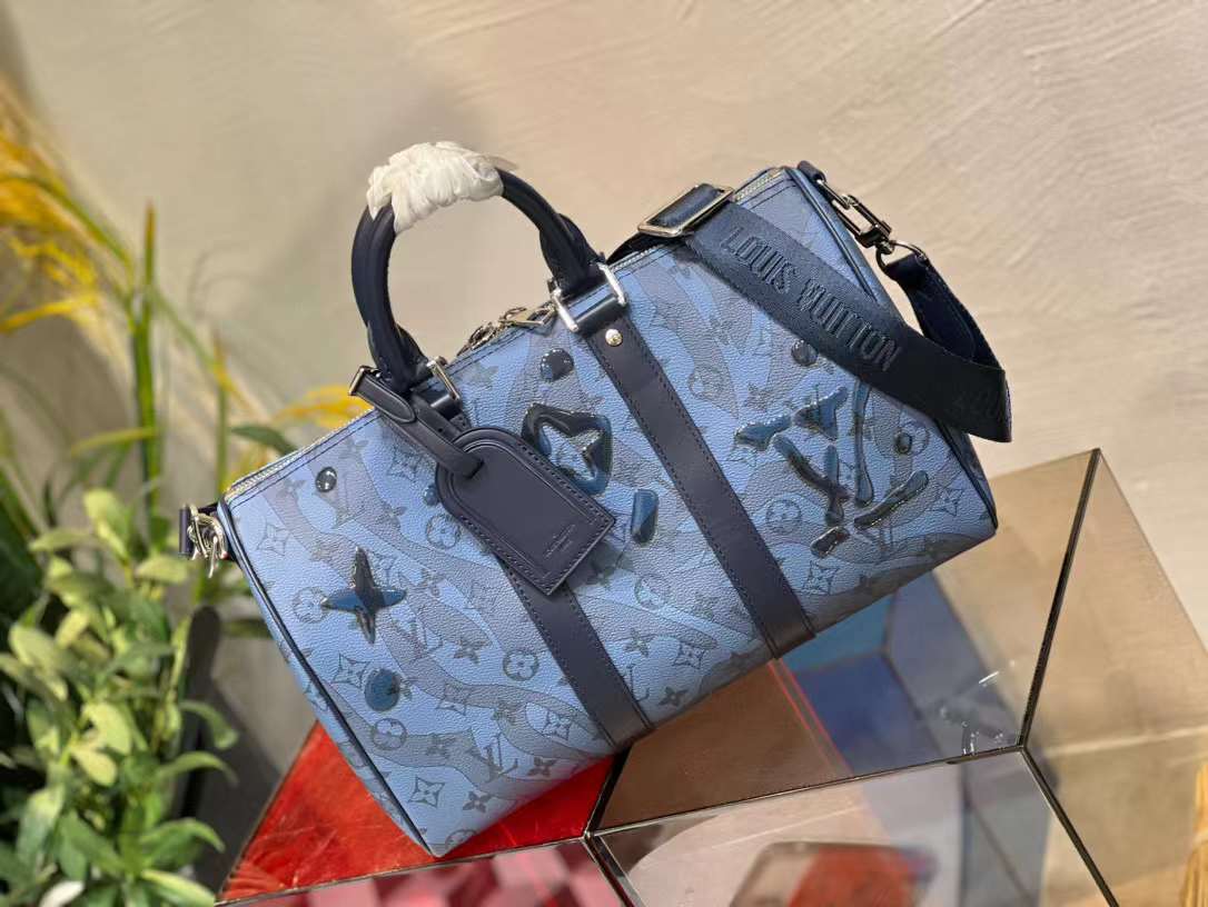Louis Vuitton Black, Blue Taurillon Monogram Keepall