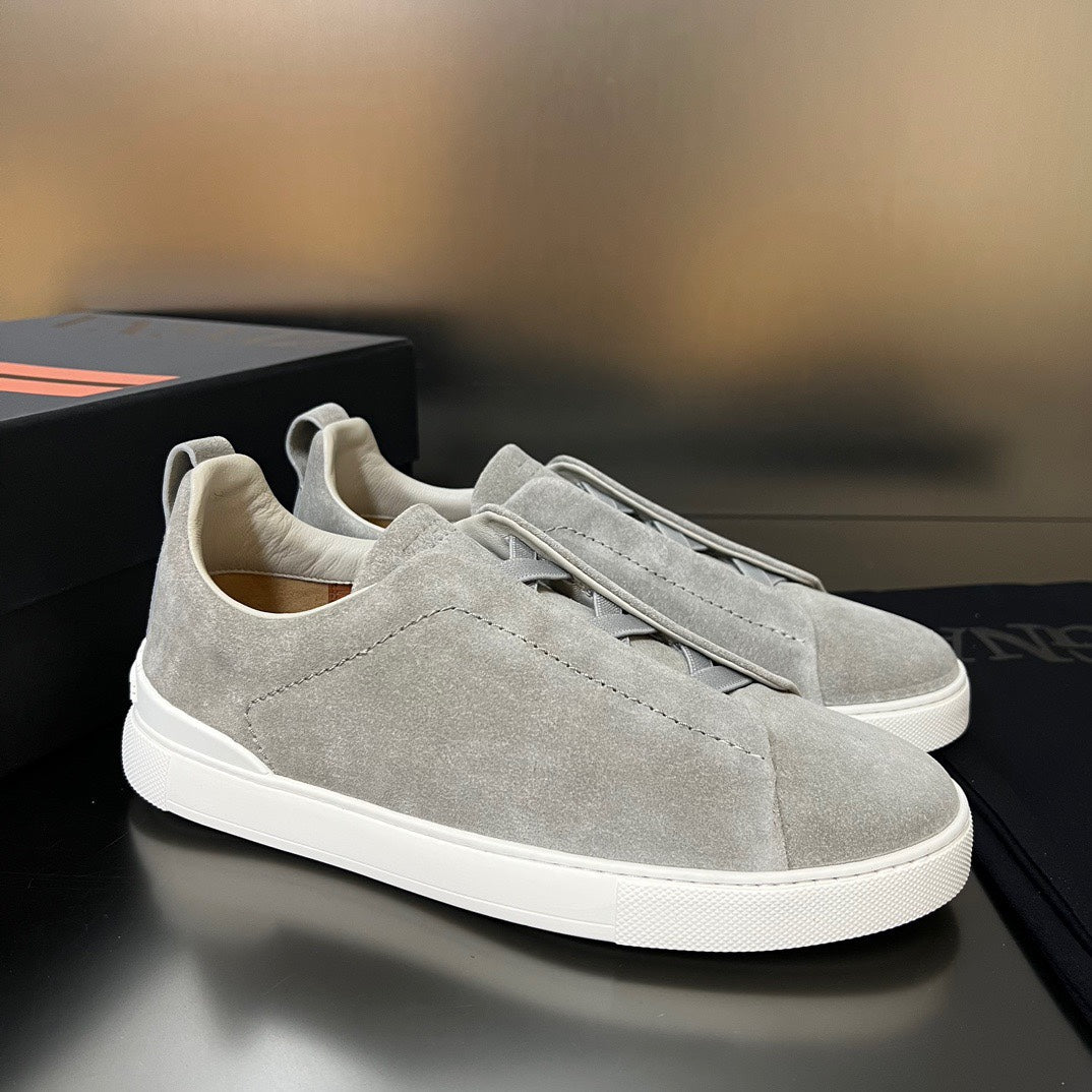 ZEGNA Grey Suede Triple Stitch Sneakers