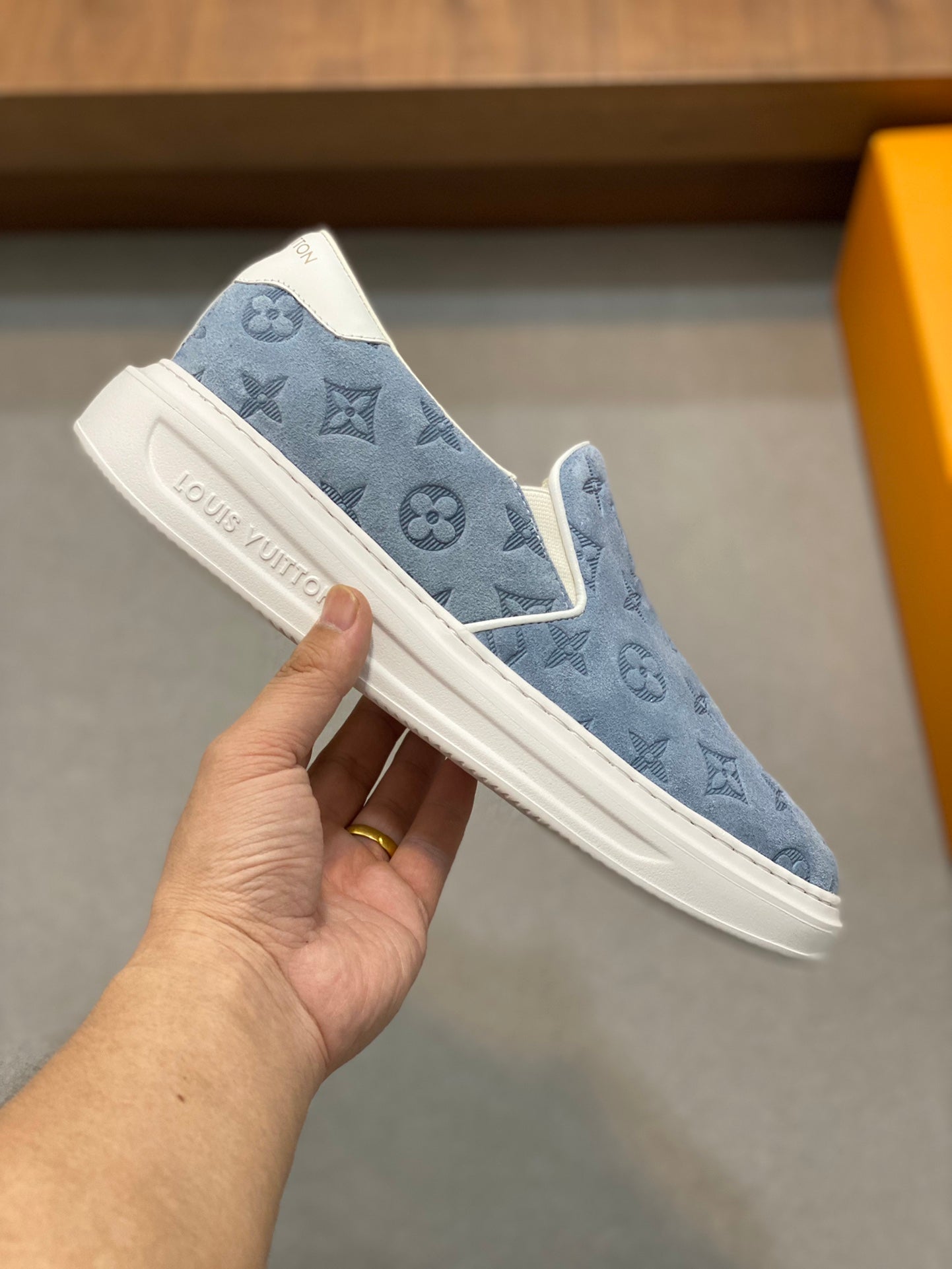 Louis Vuitton Men's Blue Suede Monogrammed Slip-On Sneaker