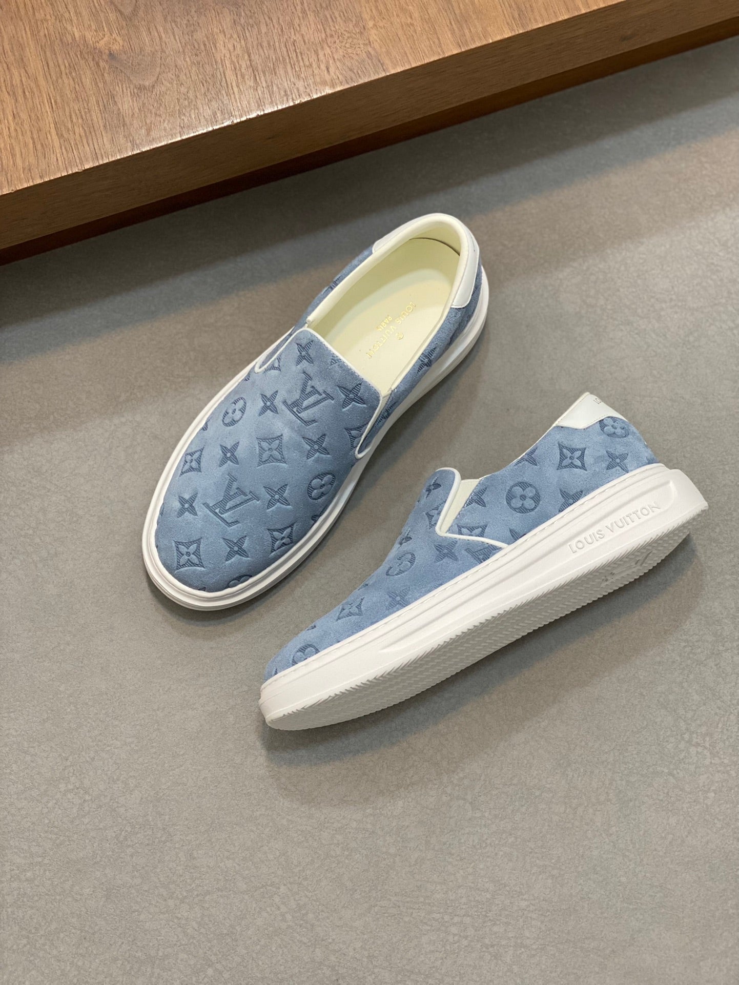 Louis Vuitton Men's Blue Suede Monogrammed Slip-On Sneaker