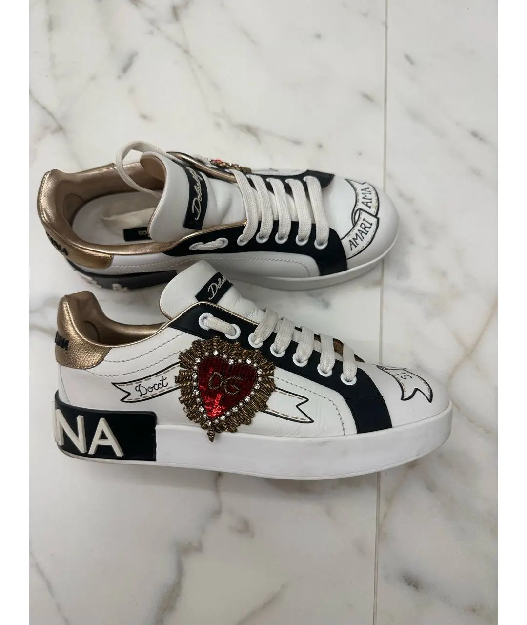 Dolce & Gabbana Portofino Graffiti-Print Sneakers Gold