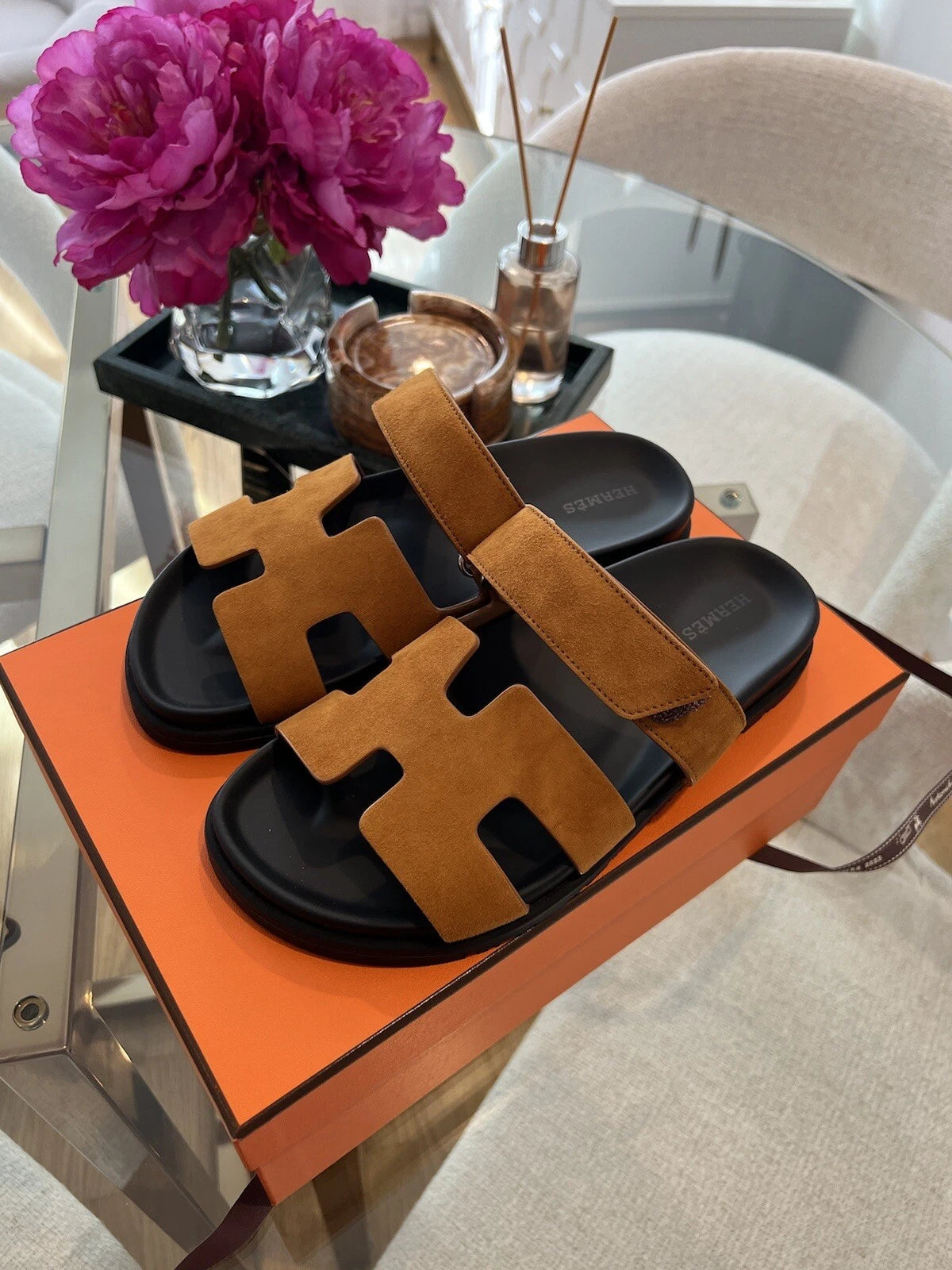 Hermes Chypre Sandal Noir Calfskin Leather Black Orange