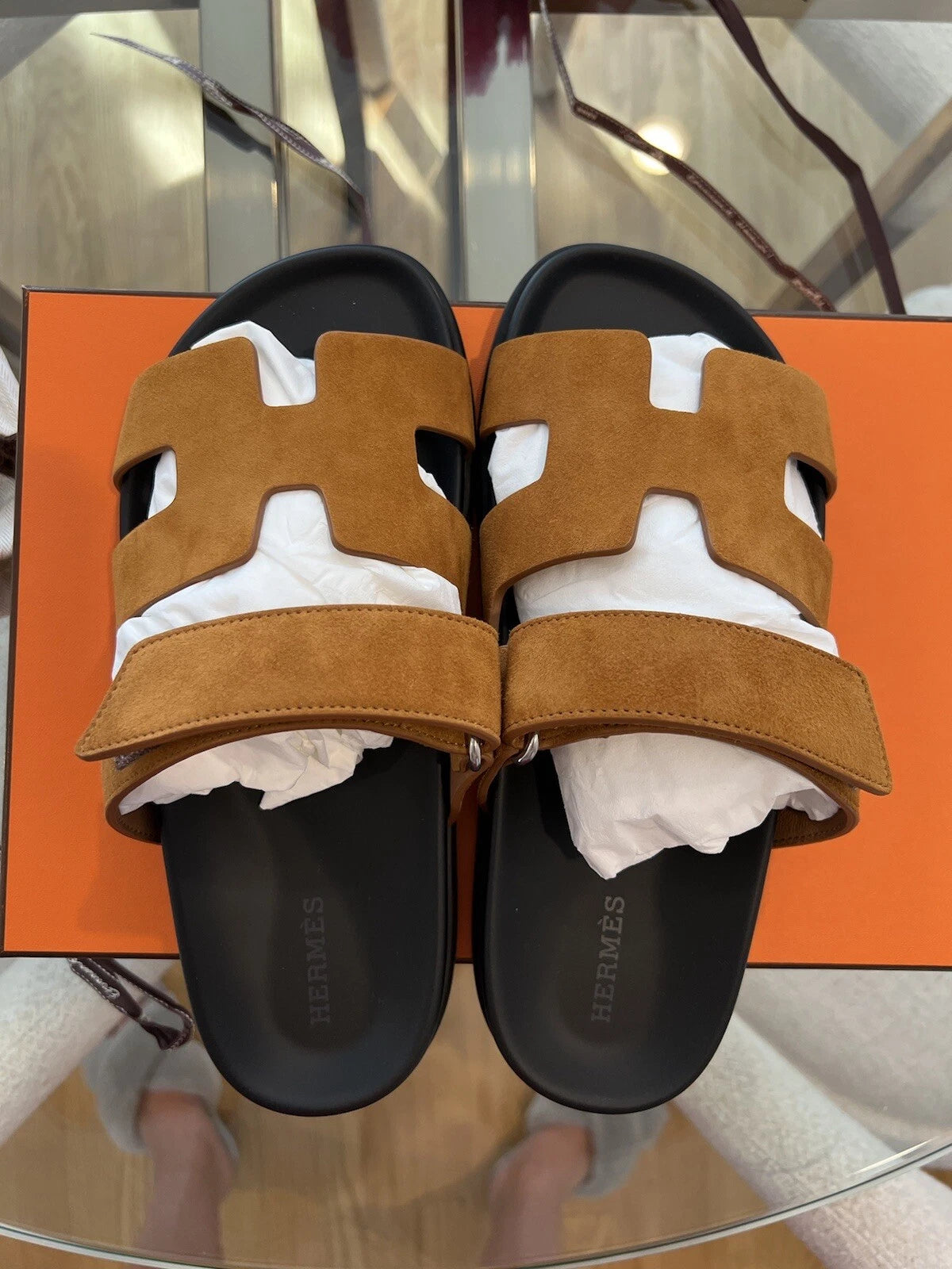 Hermes Chypre Sandal Noir Calfskin Leather Black Orange