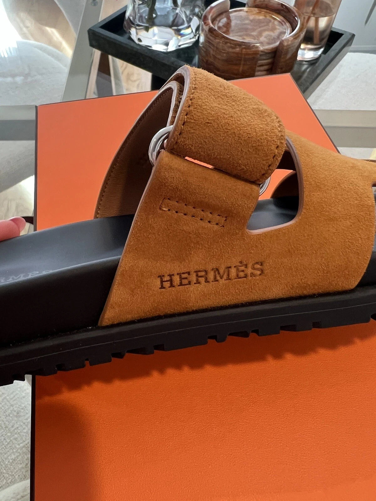 Hermes Chypre Sandal Noir Calfskin Leather Black Orange