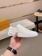Lv Slip on Leather White Monogram Black