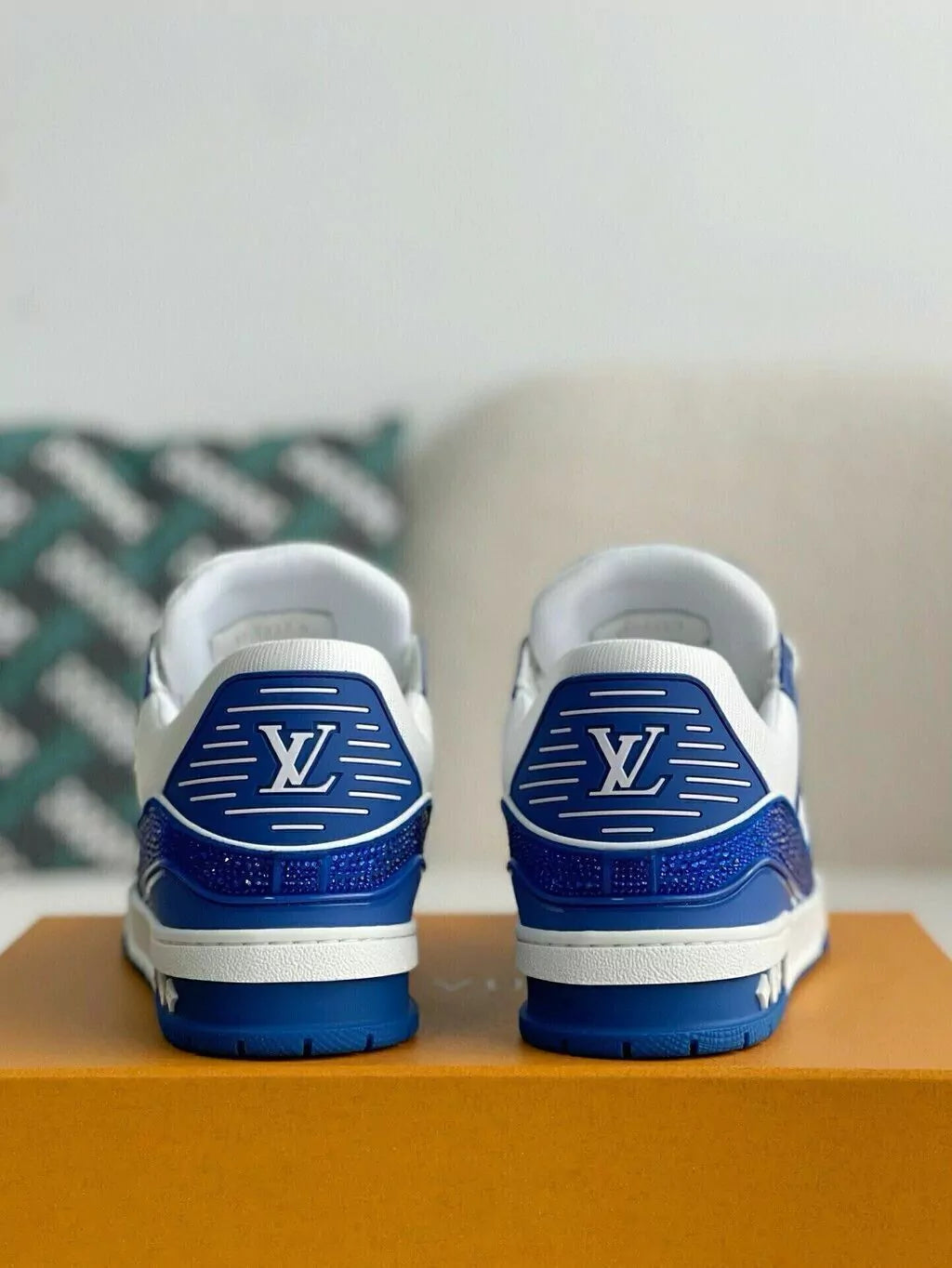 Louis Vuitton Trainer Trainer Maxi Blue & White Handcrafted Rhinestone Sneaker