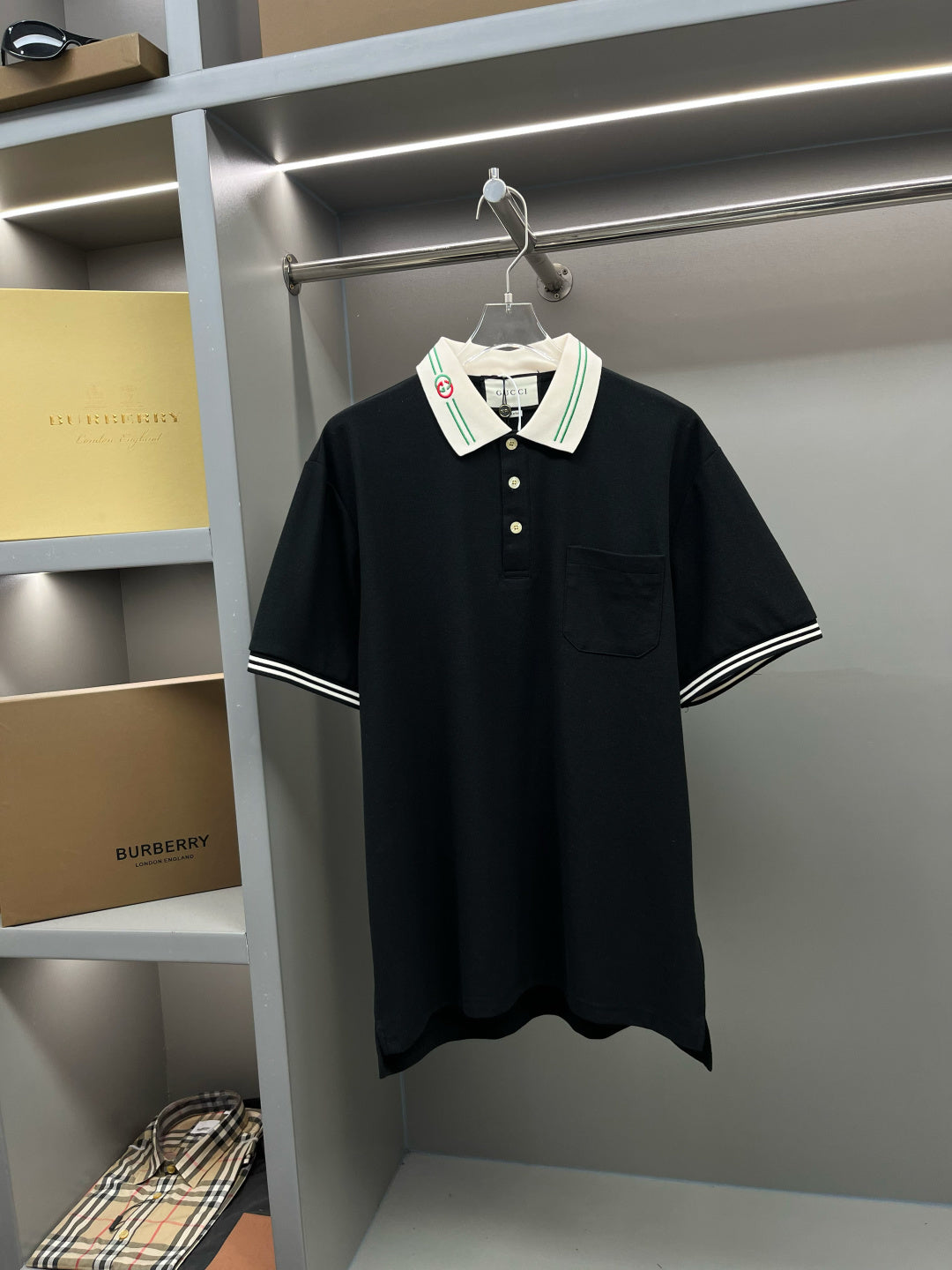 Moncler Polo T Shirt black gola listra verde