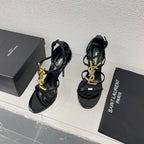 Saint Laurent Cassandra Sandal Heels Gold Patent Leather