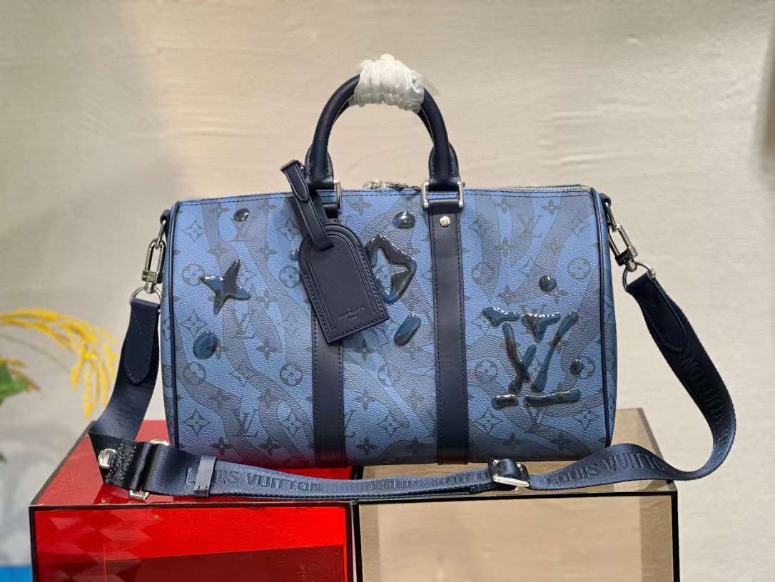 Louis Vuitton Black, Blue Taurillon Monogram Keepall