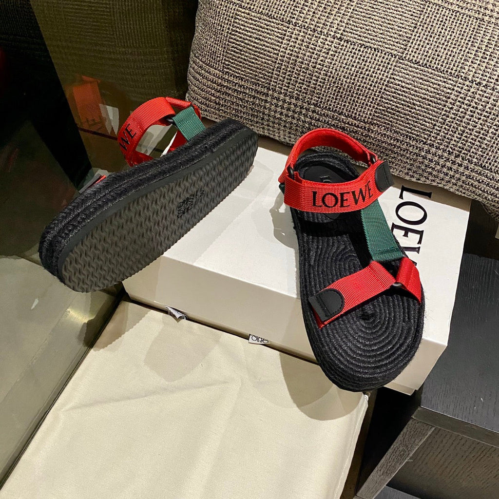 LOEWE Strappy Espadrille Sandals Unisex Nylon In Red/Green