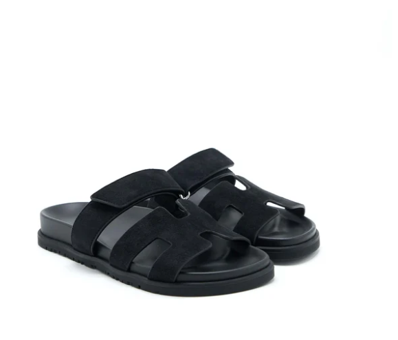 Hermes Chypre Black  Suede Flat Sandal