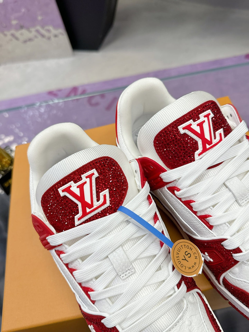 Louis Vuitton Trainer Trainer Maxi Red & White Handcrafted Rhinestone Sneaker