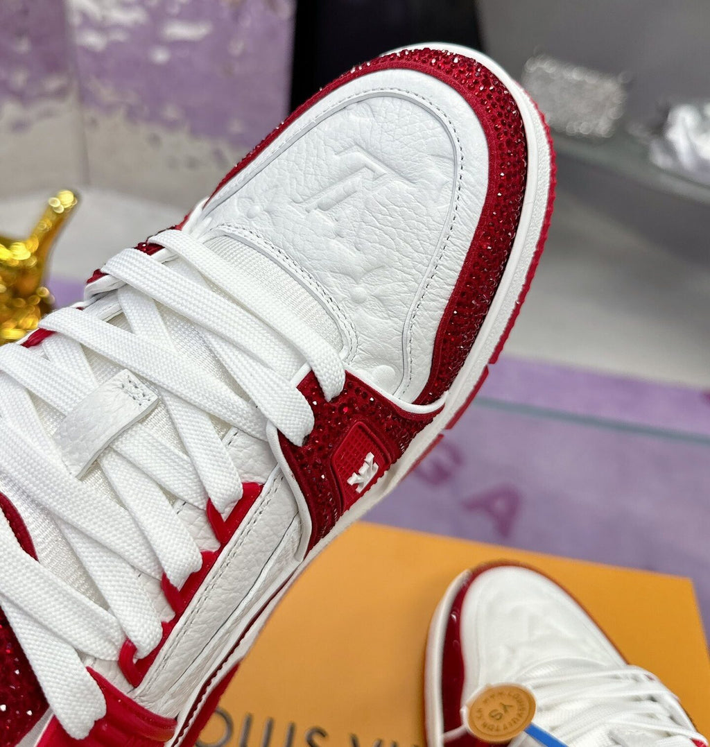 Louis Vuitton Trainer Trainer Maxi Red & White Handcrafted Rhinestone Sneaker