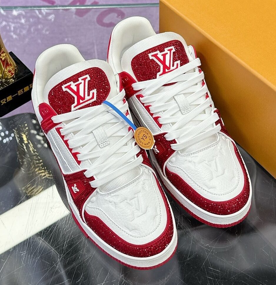 Louis Vuitton Trainer Trainer Maxi Red & White Handcrafted Rhinestone Sneaker
