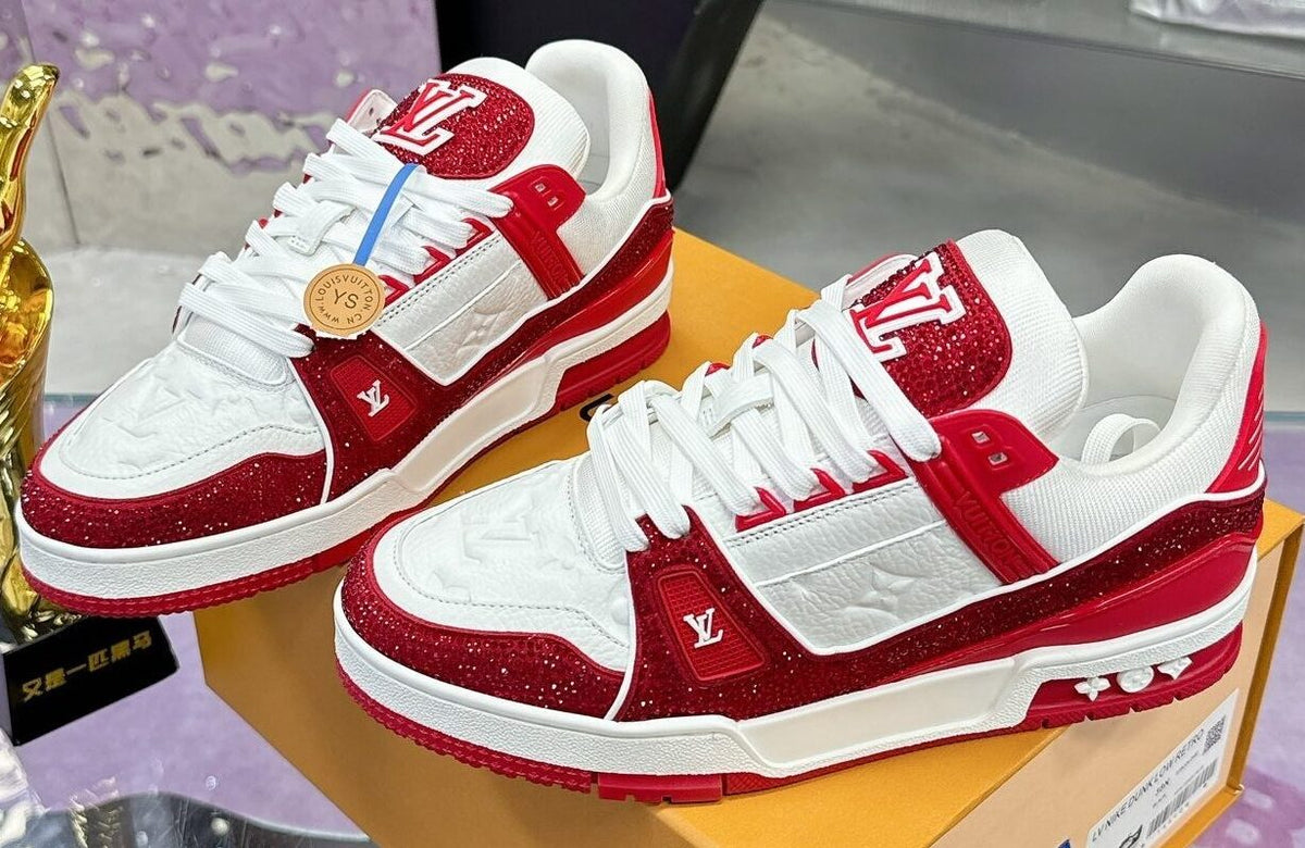 Louis Vuitton Trainer Trainer Maxi Red & White Handcrafted Rhinestone Sneaker