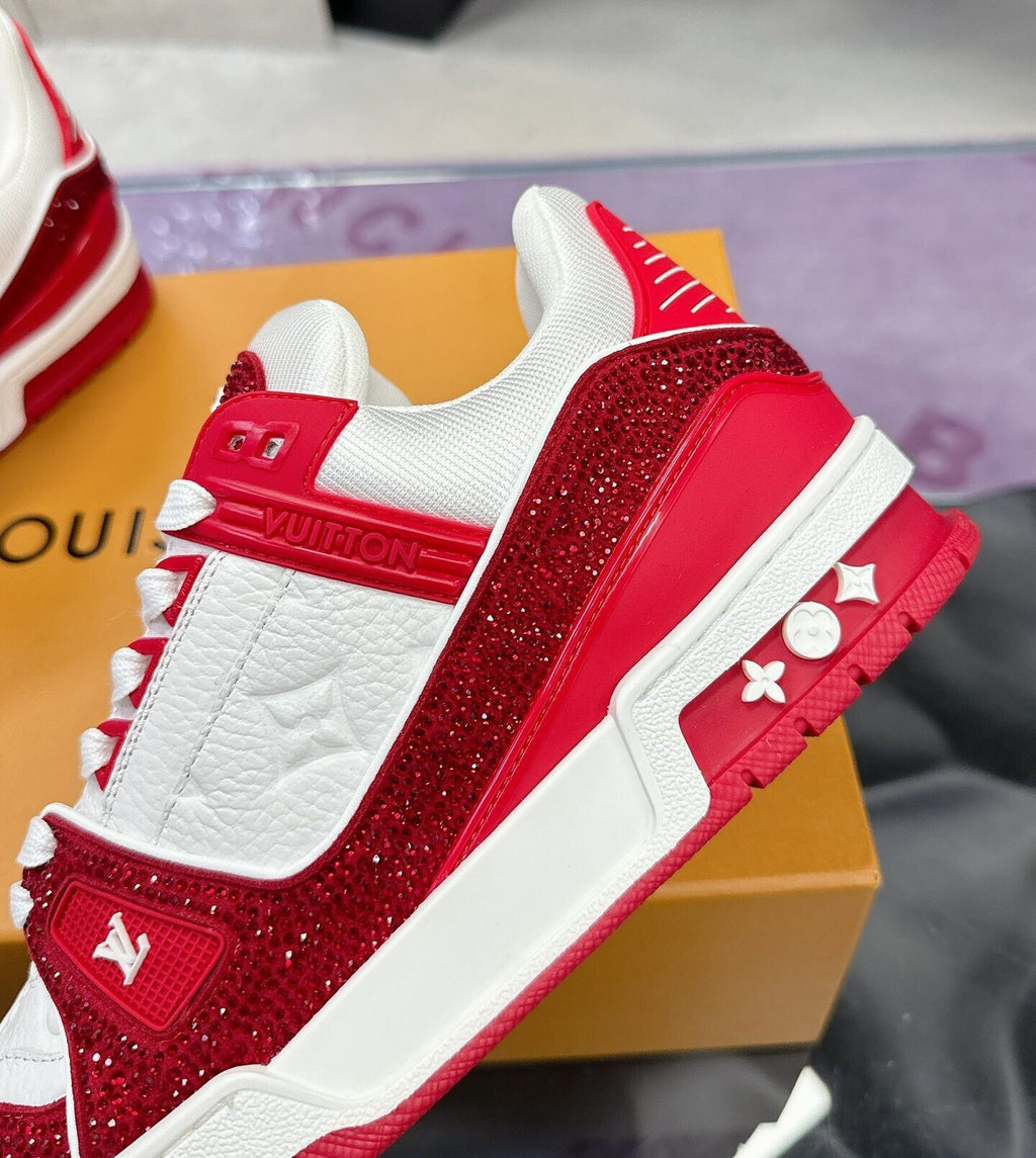 Louis Vuitton Trainer Trainer Maxi Red & White Handcrafted Rhinestone Sneaker