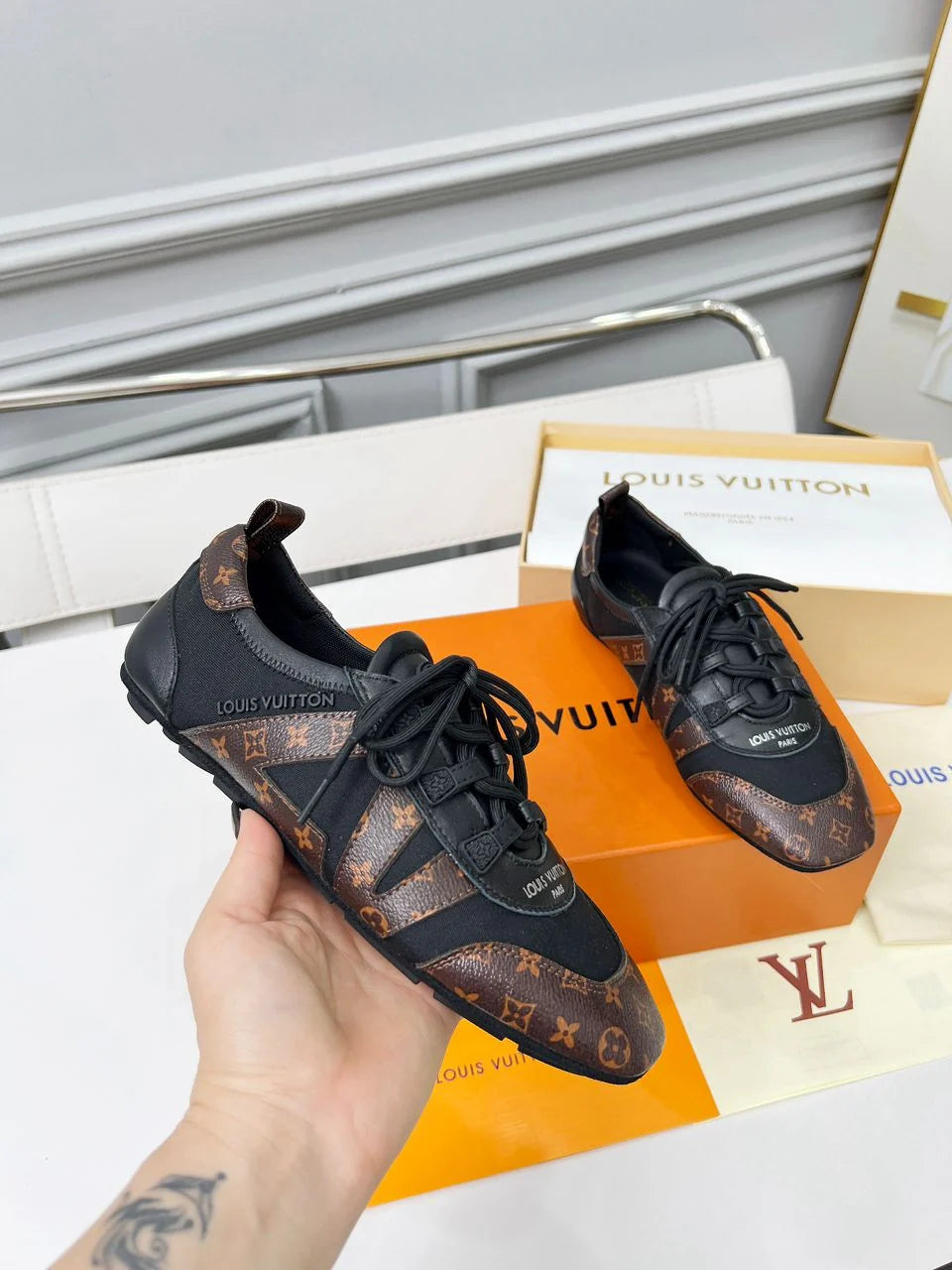 Louis Vuitton Sneakerina Women's Lace-Up Shoe in Black and Brown Monogram