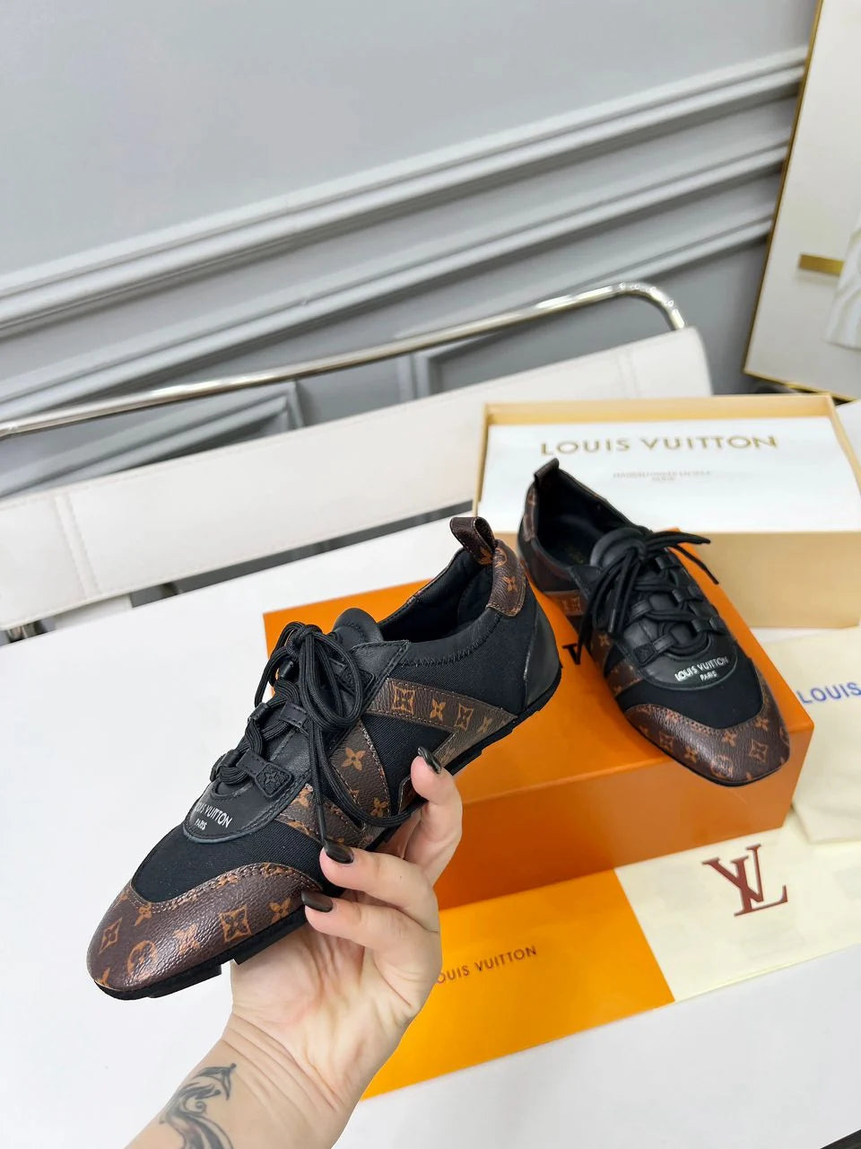 Louis Vuitton Sneakerina Women's Lace-Up Shoe in Black and Brown Monogram