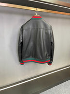 Jaqueta Gucci Men's GRG Taped Leather Bomber Jacket Black