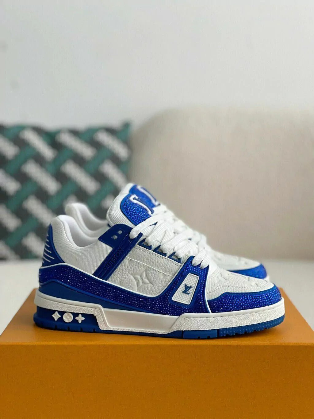 Louis Vuitton Trainer Trainer Maxi Blue & White Handcrafted Rhinestone Sneaker