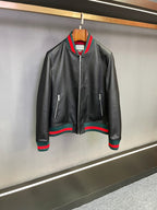 Jaqueta Gucci Men's GRG Taped Leather Bomber Jacket Black