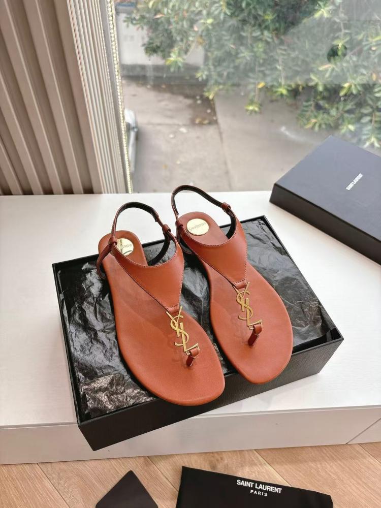 Sandálias tanga saint laurent couro Cassandra YSL  Brown