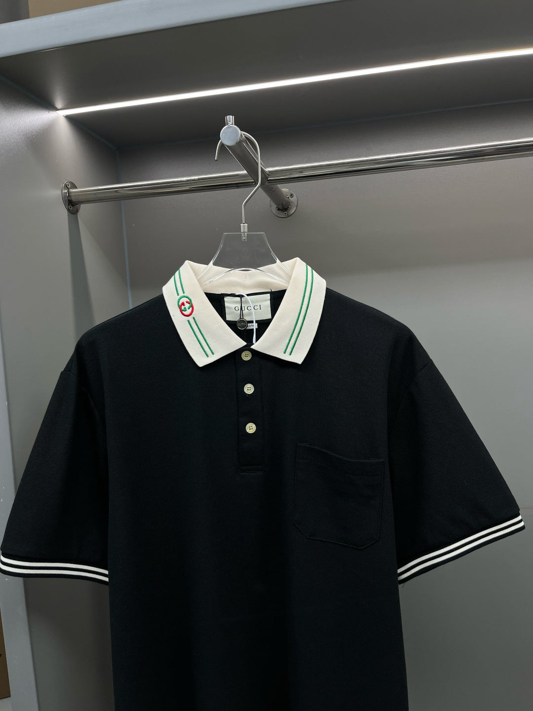 Moncler Polo T Shirt black gola listra verde