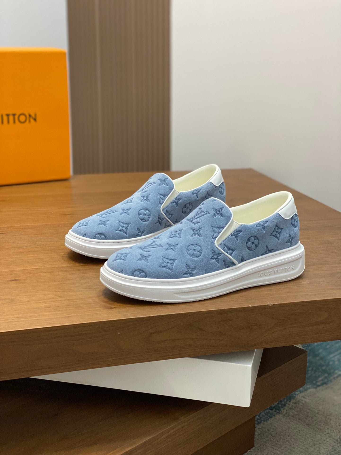 Louis Vuitton Men's Blue Suede Monogrammed Slip-On Sneaker