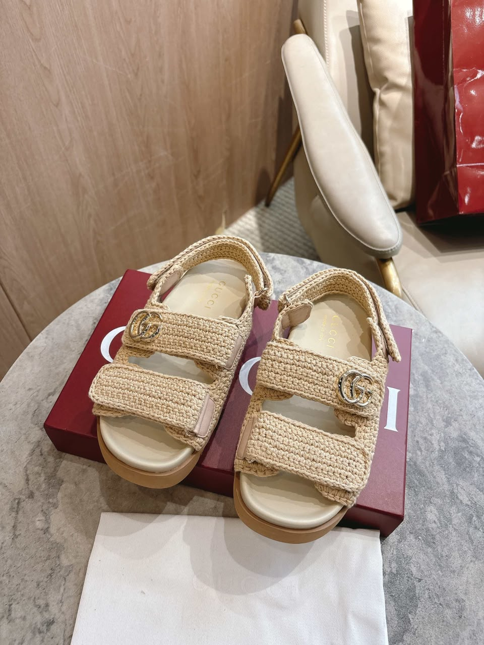 Sandália Gucci Raffia Cotton Crochet GG Sandals