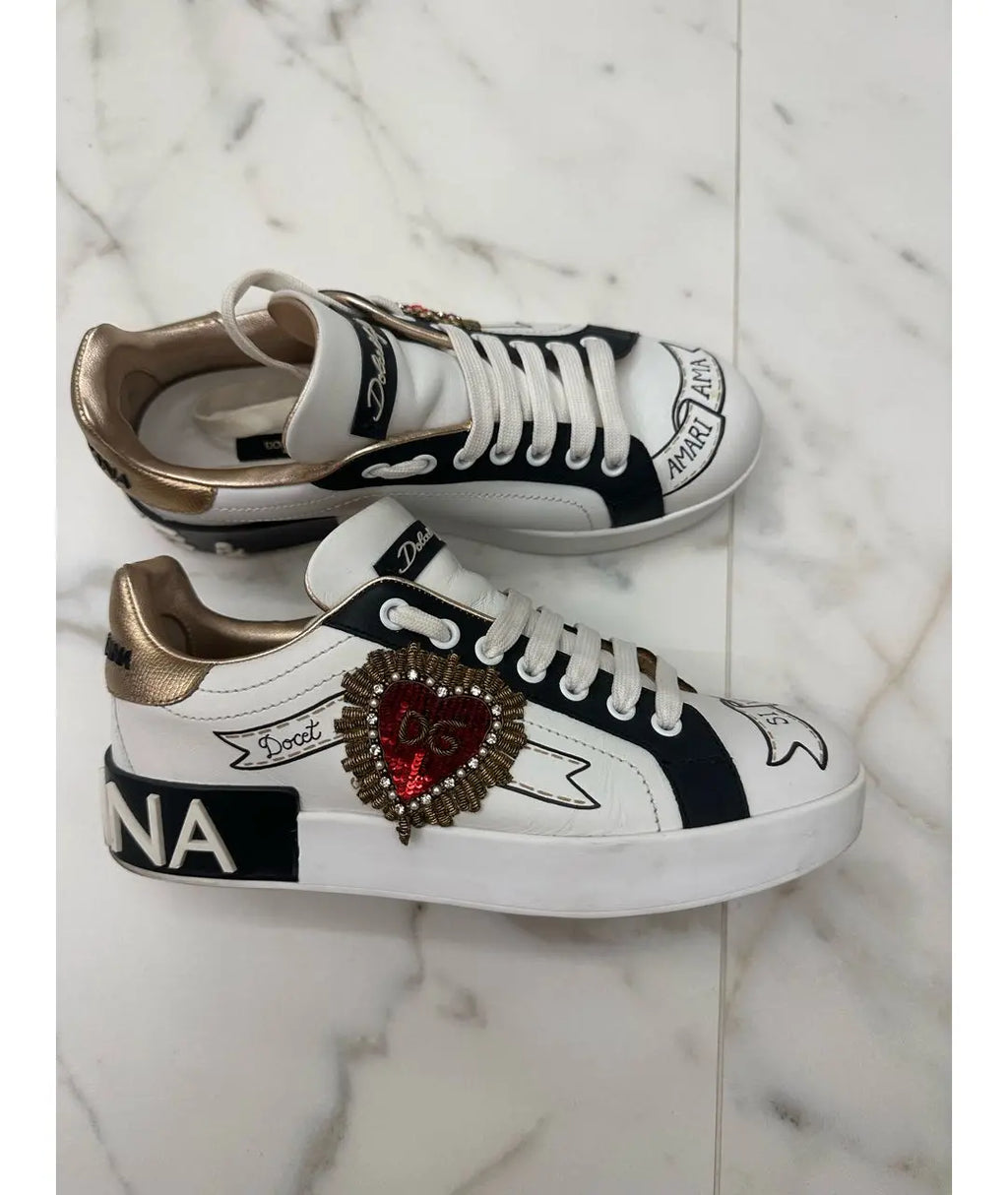 Dolce & Gabbana Portofino Graffiti-Print Sneakers Gold (Pronta Entrega) Tamanho 35