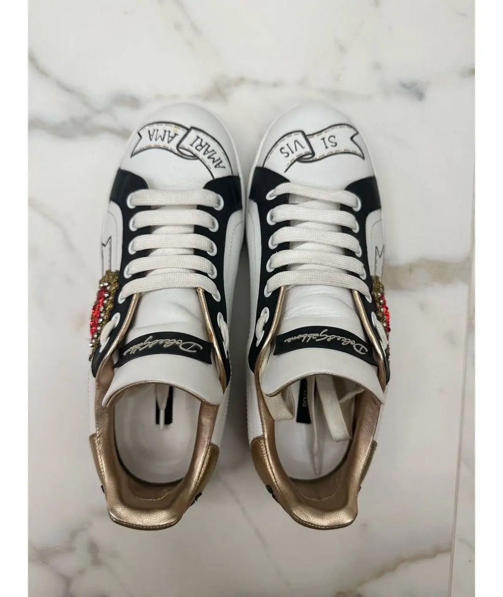 Dolce & Gabbana Portofino Graffiti-Print Sneakers Gold (Pronta Entrega) Tamanho 35