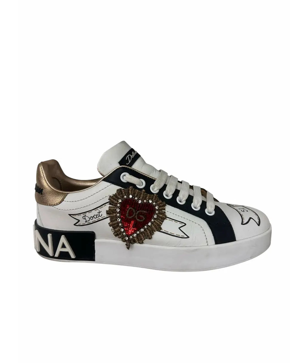 Dolce & Gabbana Portofino Graffiti-Print Sneakers Gold (Pronta Entrega) Tamanho 35