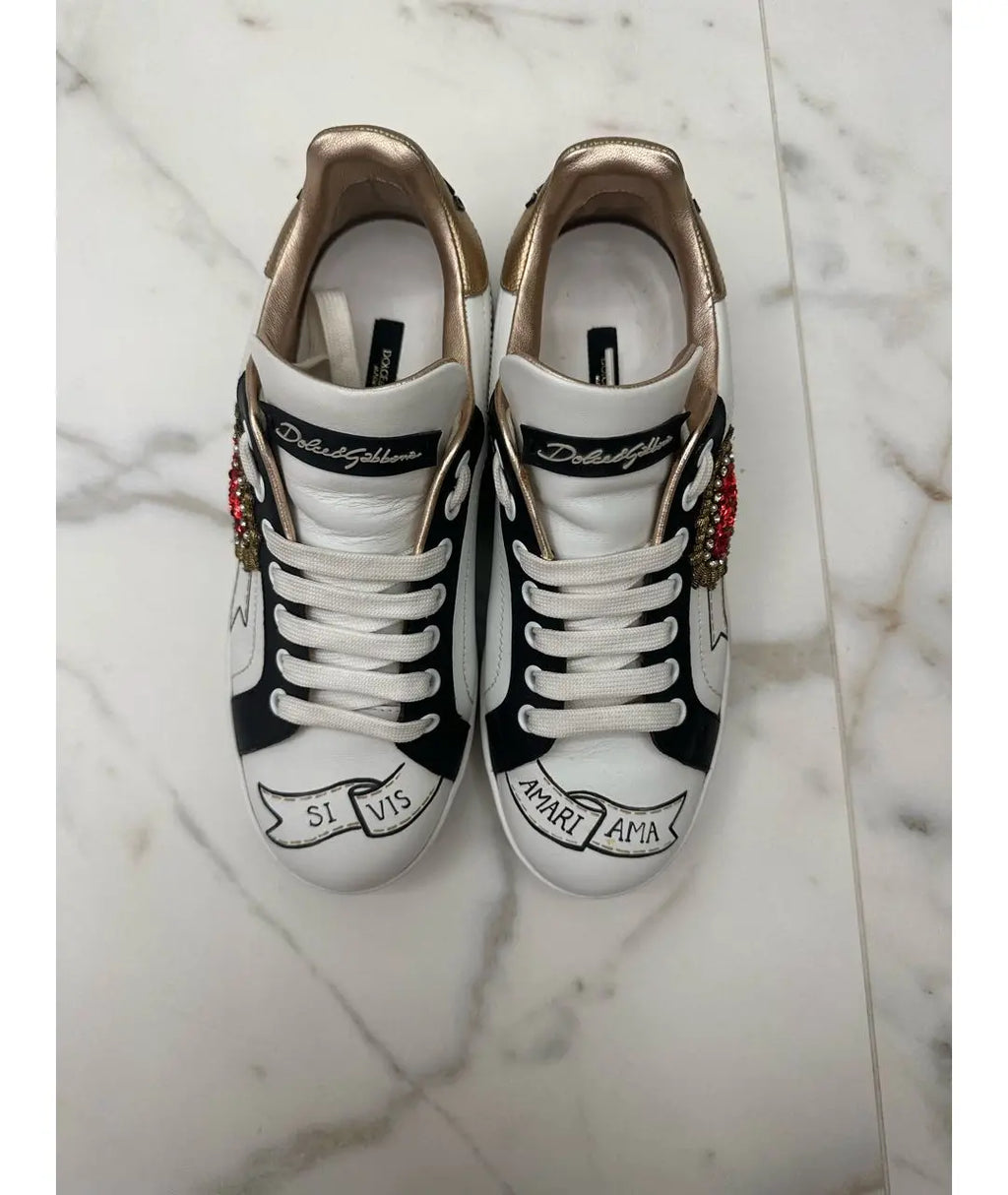 Dolce & Gabbana Portofino Graffiti-Print Sneakers Gold (Pronta Entrega) Tamanho 35