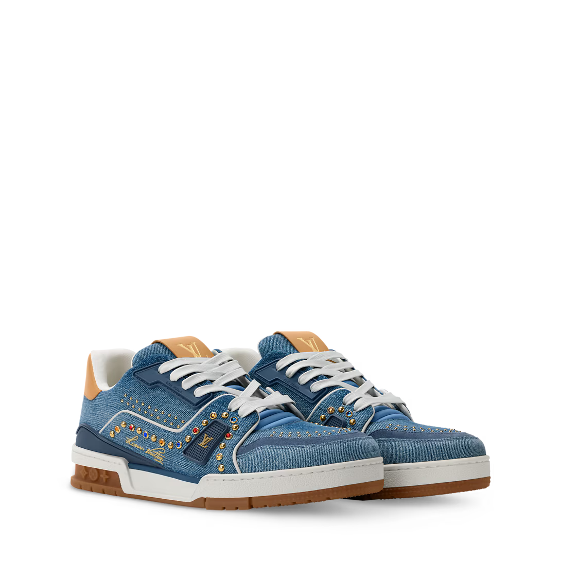 Louis Vuitton Trainer Sneaker Denim Blue com tachas Swarovski