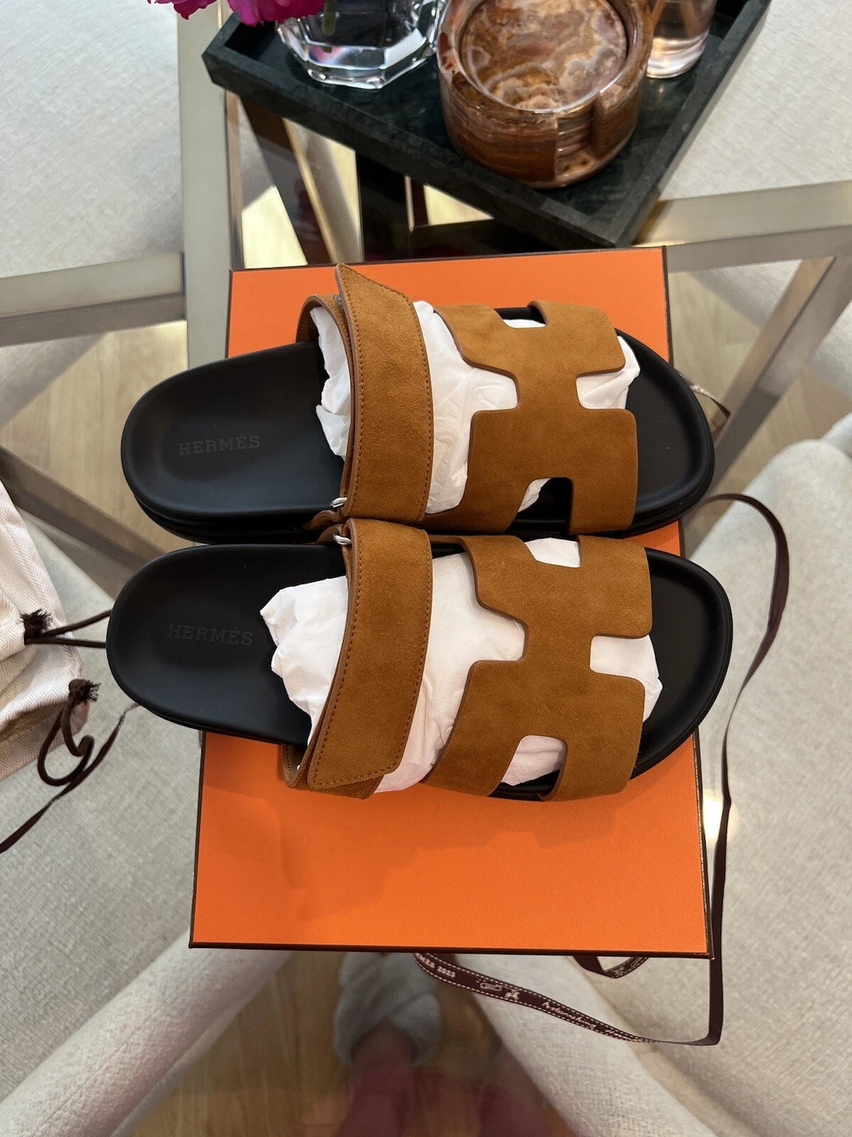 Hermes Chypre Sandal Noir Calfskin Leather Black Orange
